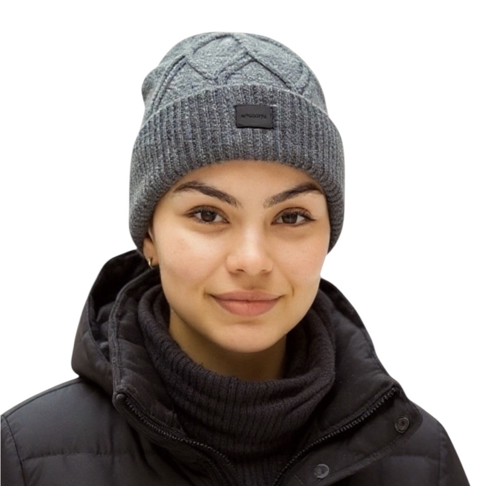 AllSaints Soft Brushed Wool Marl Knit Beanie Leather Logo Patch Brand New! Gray